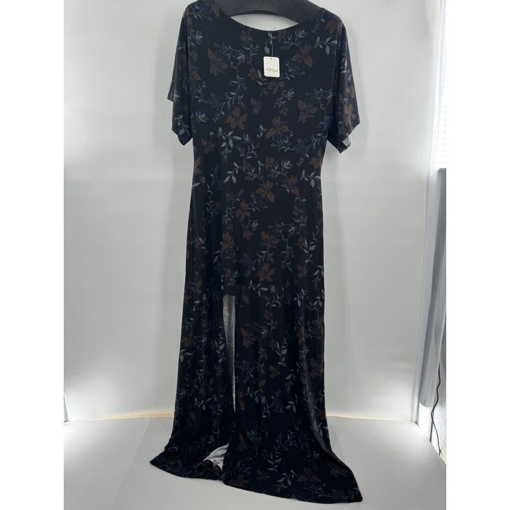 Free People Maxi Dress Black Side Slit Size M Short Sleeve Grunge Witchy Floral‌ - Picture 4 of 16